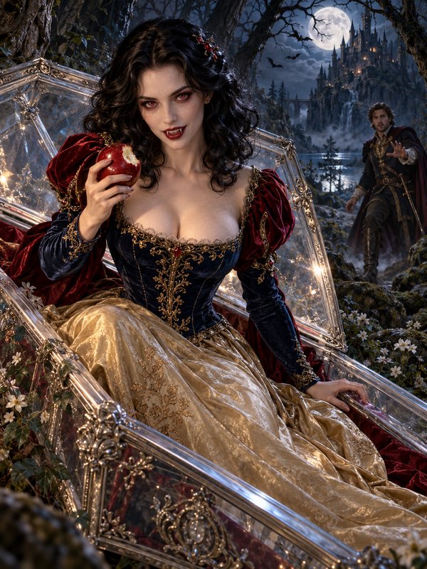 Vampire Snow White holds a bitten red apple while seated in an ornate glass coffin under a full moon