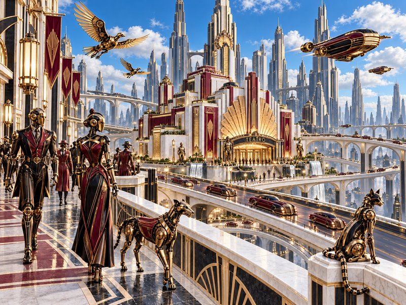 Opulent art deco steampunk metropolis with robot residents, airships, and towering skyscrapers un...