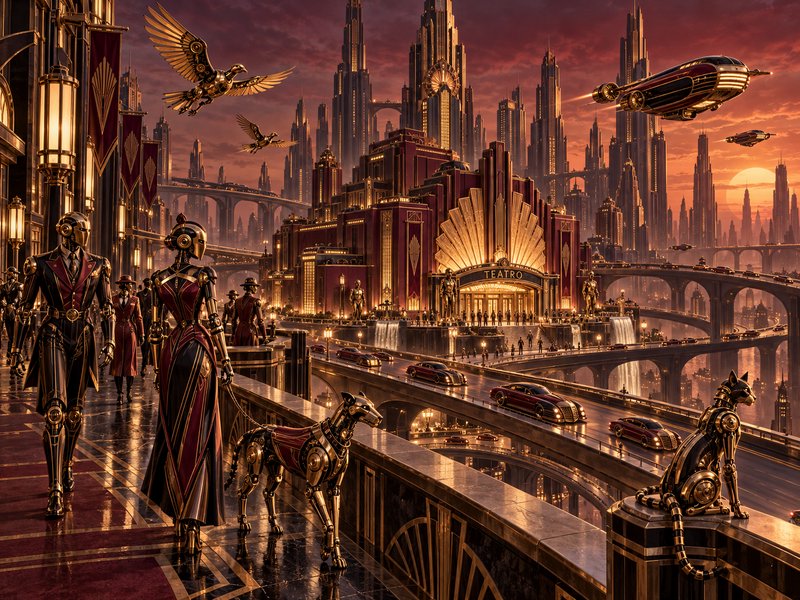 Retro-futuristic art deco steampunk metropolis with robotic residents, airships, and grand theater at sunset