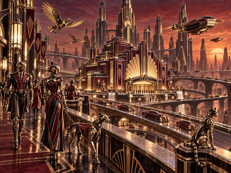 Opulent art deco steampunk city at sunset with robot residents, airships, mechanical pets and grand theater