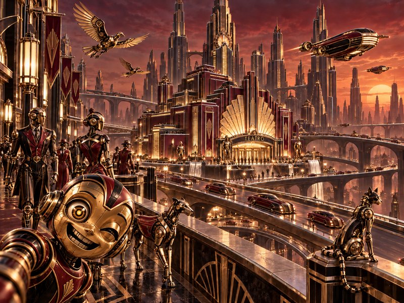 Smiling art deco steampunk robot takes a selfie overlooking a bustling retro-futuristic city at sunset