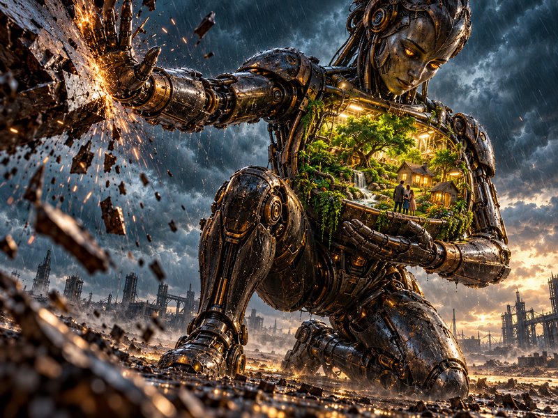 Giant steampunk humanoid robot kneels breaking rubble, holding a lush miniature village ecosystem embedded in its chest