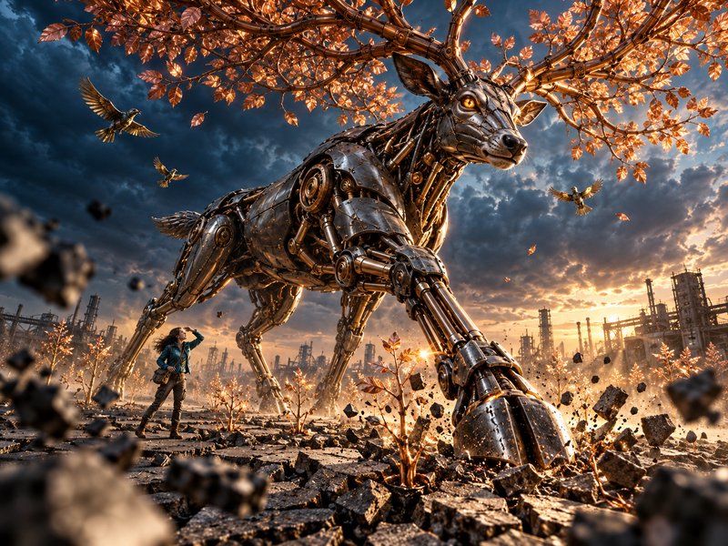 Giant mechanical steampunk stag with leafy antlers towers over an explorer in an industrial wasteland at sunset