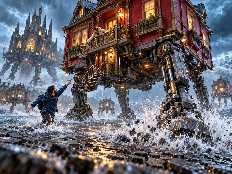 Man wading through turbulent floodwater reaches for a woman leaning from a mechanical walking steampunk house during a storm