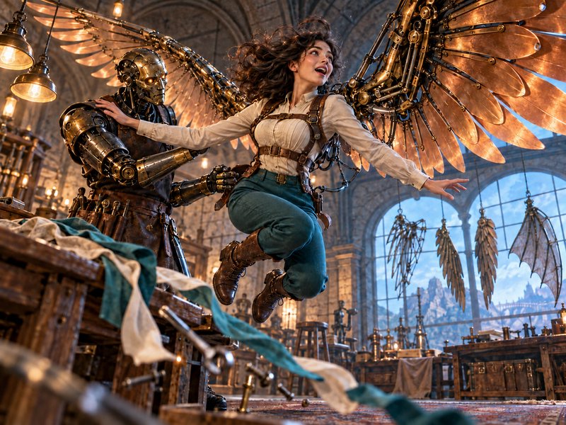 Joyful steampunk woman with mechanical copper wings leaping, supported by a brass automaton in a stone workshop