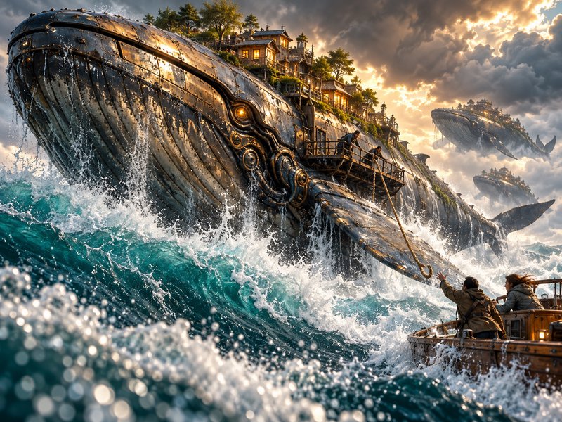 Giant steampunk mechanical whale carrying a hillside village surges through stormy turquoise ocean as people in a small boat
