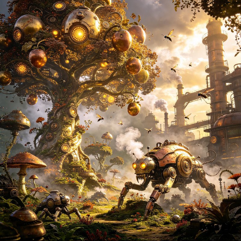 Steampunk fantasy scene with glowing mechanical tree, clockwork robot creatures, and industrial towers at golden hour