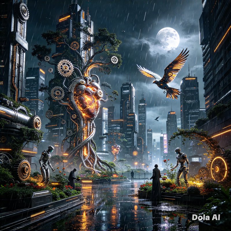 Glowing biomechanical heart tree anchors a rainy futuristic steampunk city under a full moon, with robots and a mechanical