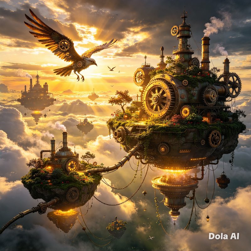 Steampunk floating sky islands and a mechanical eagle soar above clouds during golden sunset