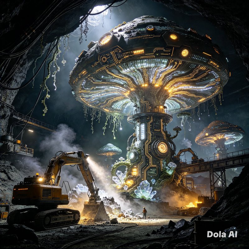Towering glowing cybernetic mushroom structure stands in an underground mine cavern next to an excavator and small worker