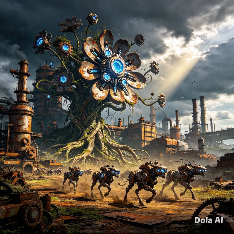 Giant steampunk mechanical flower tree stands as robotic wolf creatures run across an industrial post-apocalyptic wasteland