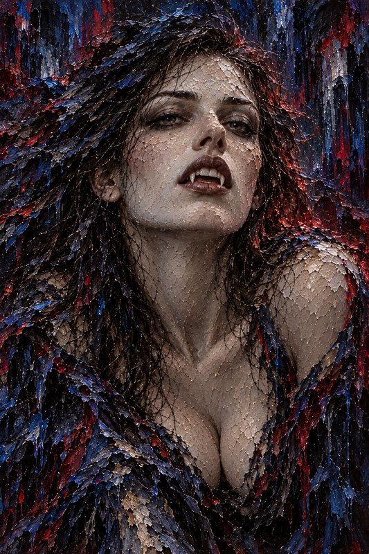 Closeup textured portrait of a female vampire with visible fangs and glistening scale-like skin