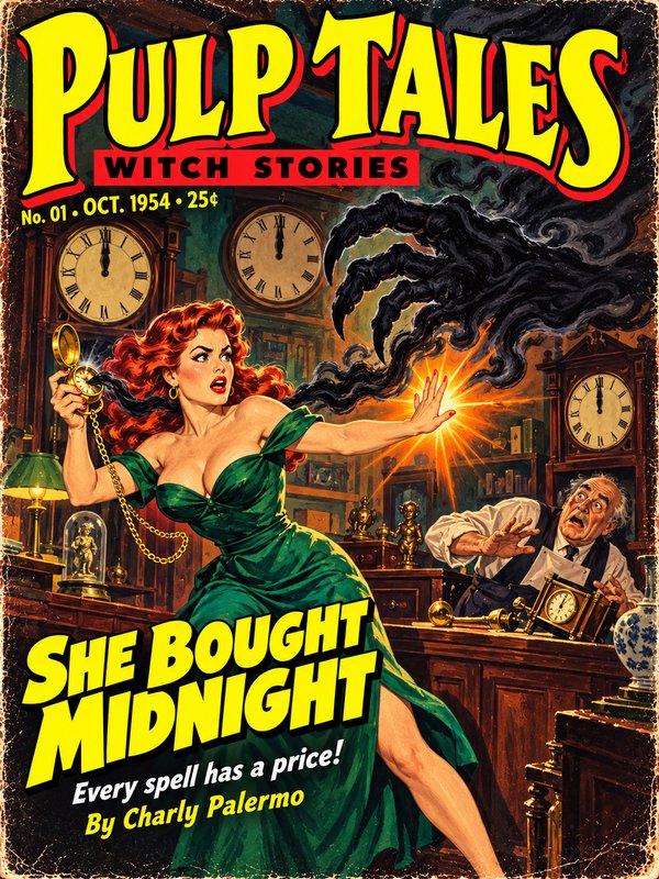 1954 Pulp Tales witch horror magazine cover showing a woman fending off a shadow demon claw with magic