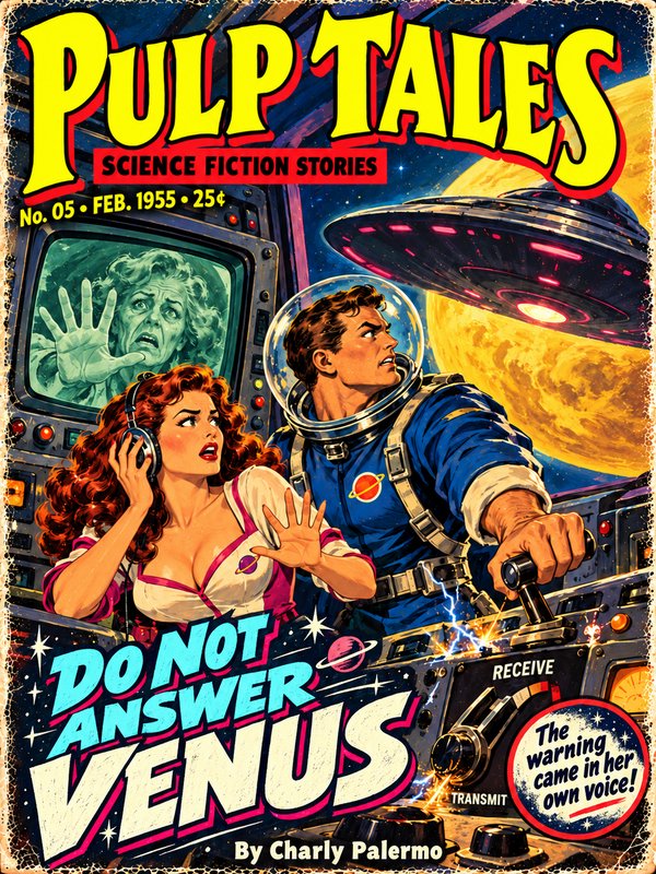 1950s retro pulp sci-fi magazine cover showing startled spaceship crew, UFO, and a warning transmission from Venus