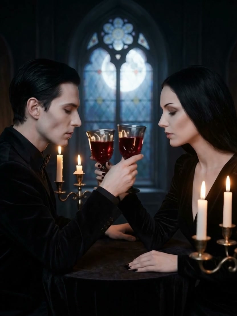 Gothic couple toasting red wine at a candlelit table with a stained glass window in the background