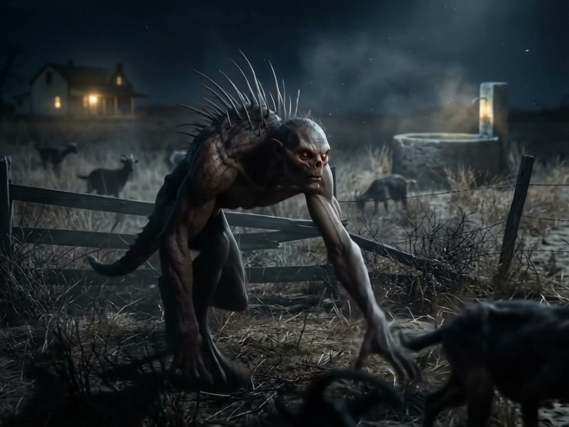 Nighttime scene of a spiked, humanoid monster leaning on a fence in a rural field.