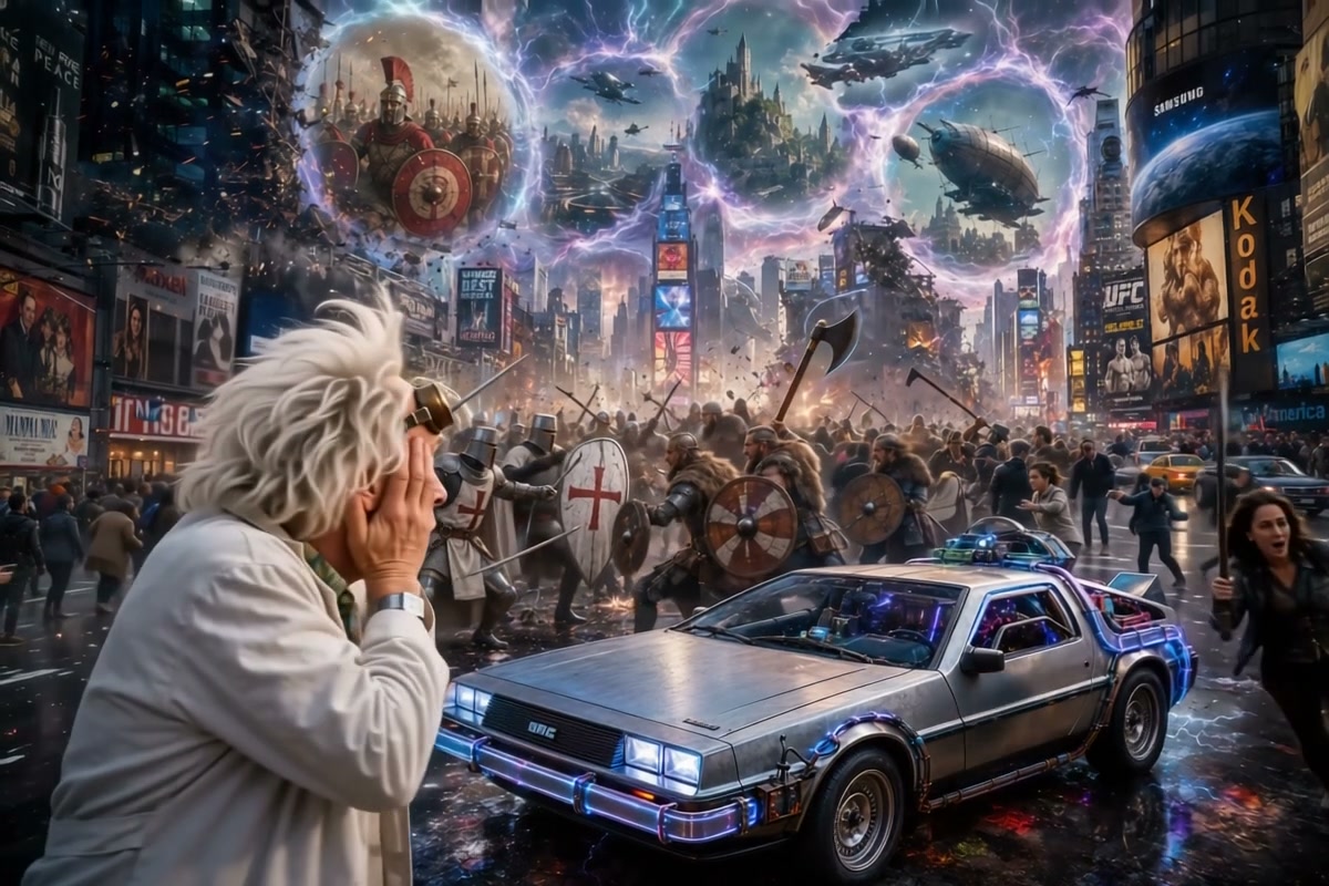 Doc Brown shields his eyes as a neon-lit city battle erupts around a DeLorean time machine.