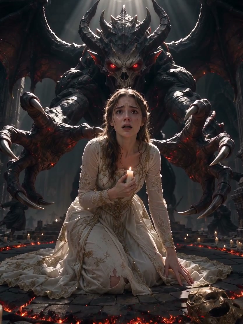 Terrified kneeling woman holding a candle as a horned winged demon looms over her in a dark gothi...