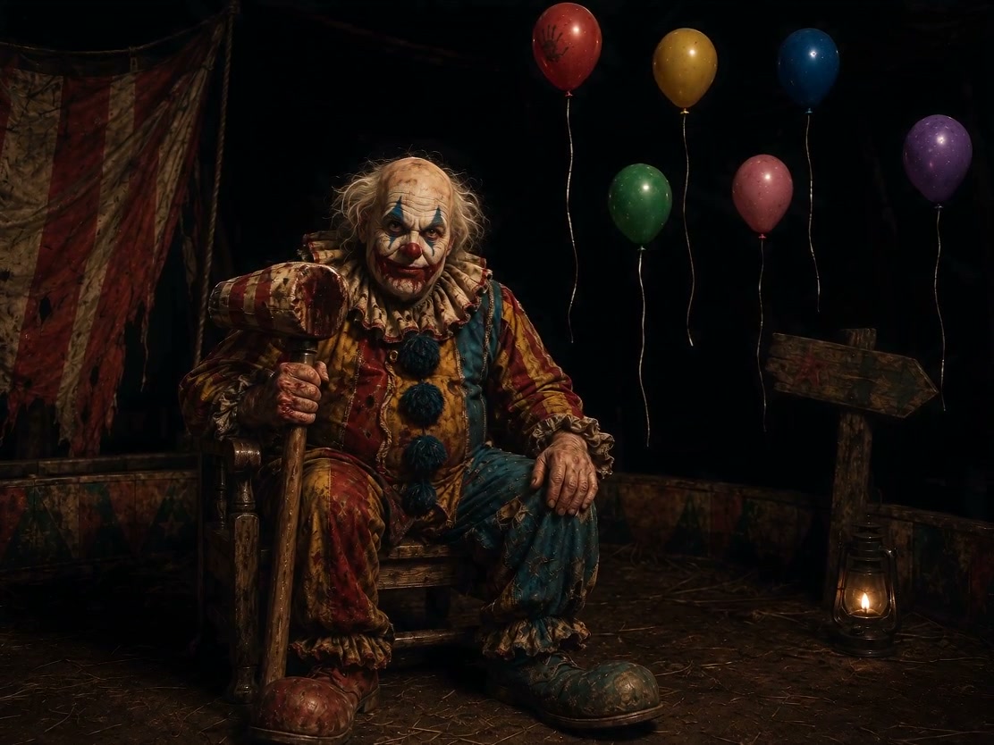 Menacing vintage evil clown sits holding a bloodied mallet, surrounded by balloons in a dark aban...