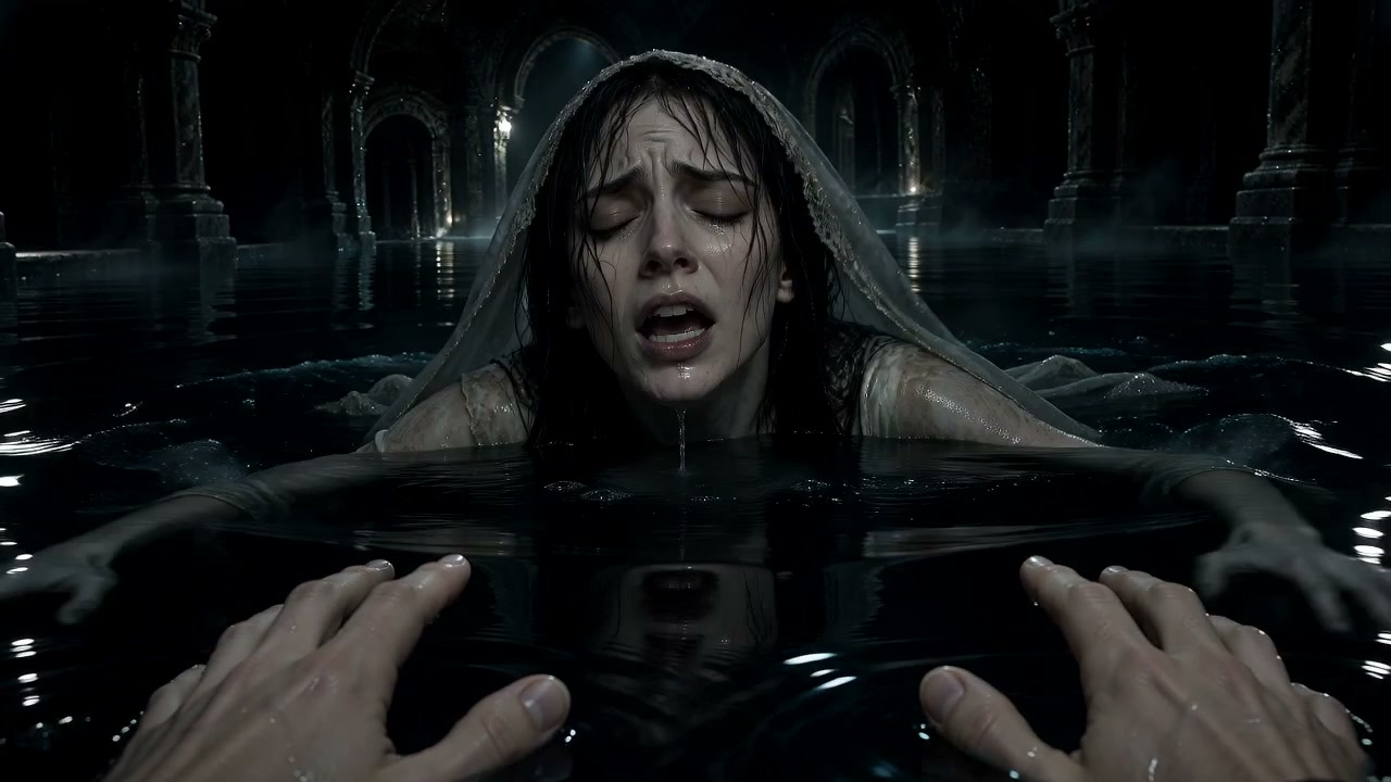 First person view of outstretched hands reaching for distressed veiled woman submerged in dark fl...