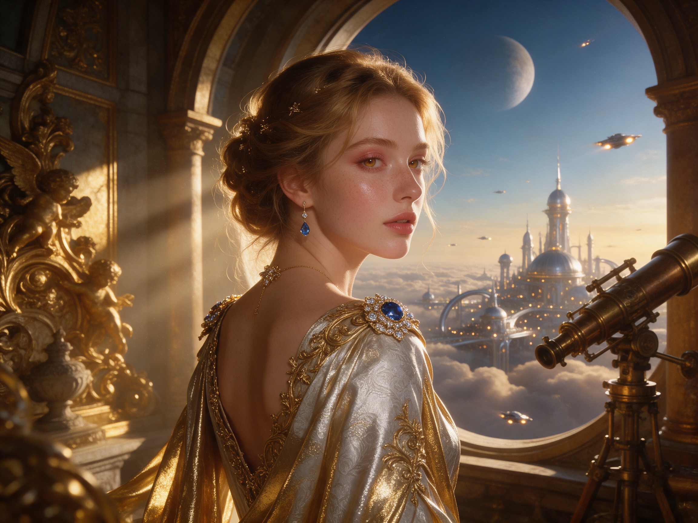 Regal young fantasy noblewoman in a gilded gown stands on a palace balcony overlooking a floating cloud city
