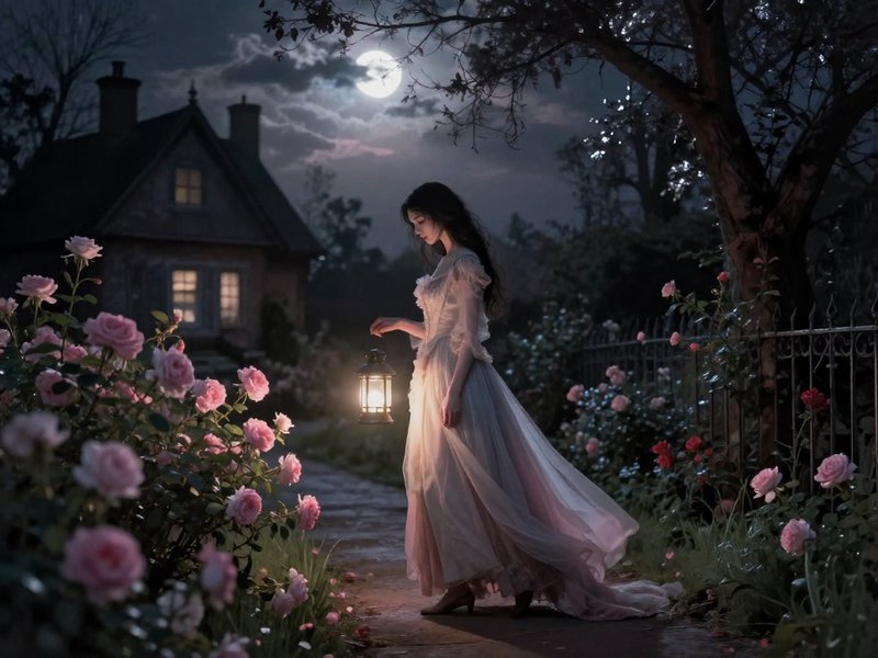 Woman in flowing vintage gown holds a lit lantern while standing in a moonlit rose cottage garden