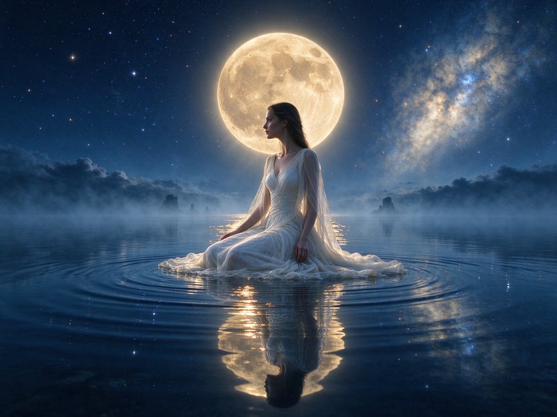 Ethereal woman in a flowing white gown sits on calm rippling water beneath a glowing giant full m...