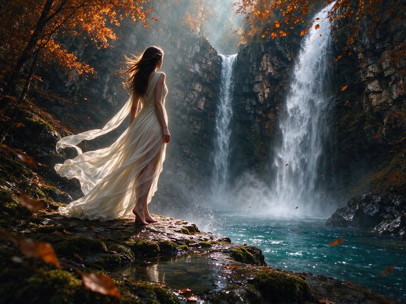 Barefoot woman in a flowing ivory gown stands on mossy rocks overlooking twin autumnal waterfalls