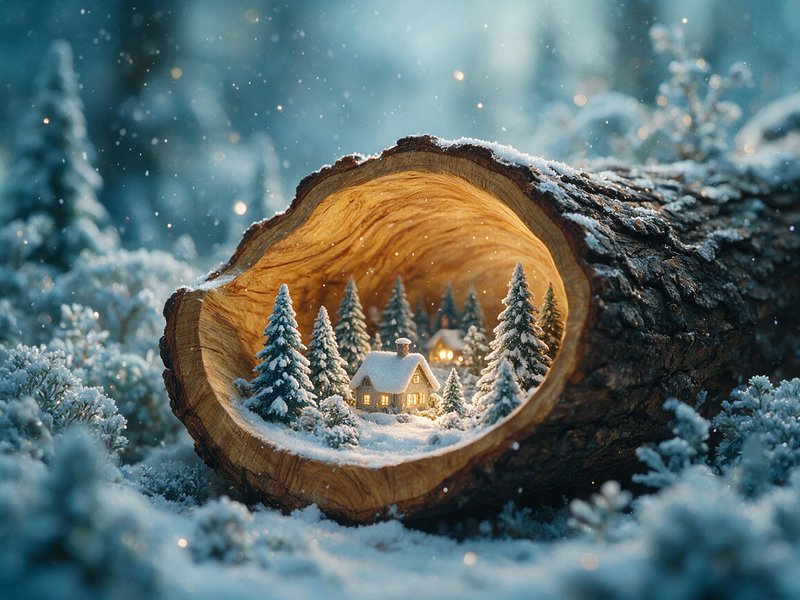 Tiny glowing winter cottage and snow pines form a miniature diorama inside a hollow log in a snow...