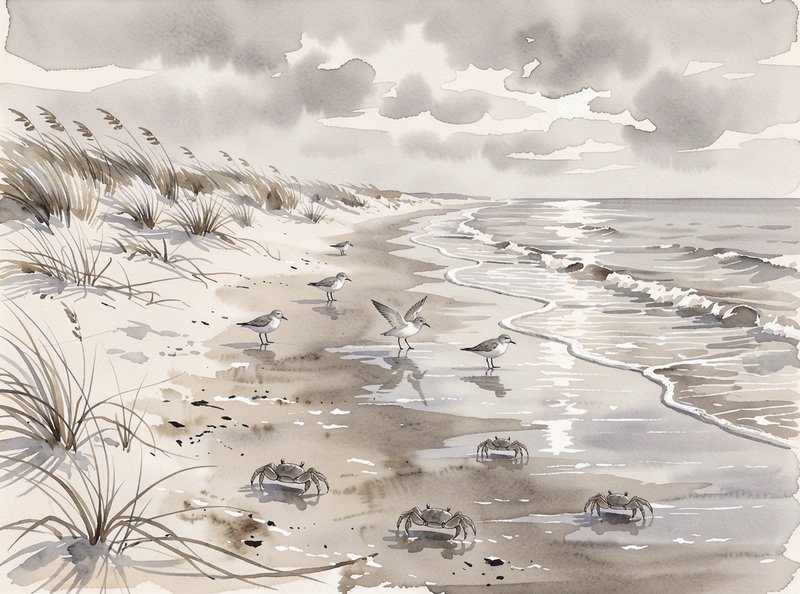 Soft watercolor beach scene with foraging sandpipers, crabs, dune grass, and gentle surf under cl...
