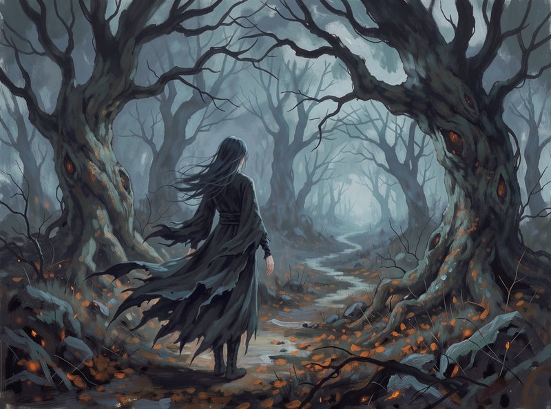 Lone long-haired wanderer in tattered black robes faces a misty haunted forest lined with gnarled...