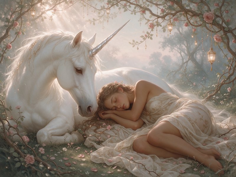 Sleeping fairy maiden rests peacefully beside a white unicorn in an enchanted rose forest glade