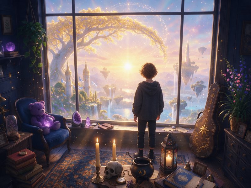 Young wizard apprentice stands at a window overlooking a glowing magical fantasy world at sunrise