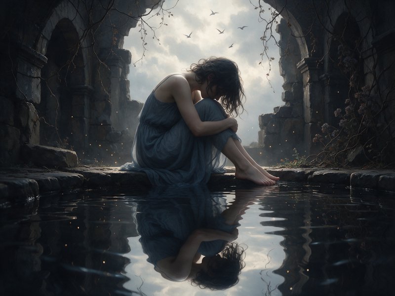 Somber woman curled on the edge of an ancient ruined pool, her reflection clear in calm dark water