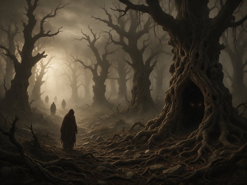 Hooded robed figures traverse a fog-haunted gnarled dead forest past a hollow glowing-eyed tree