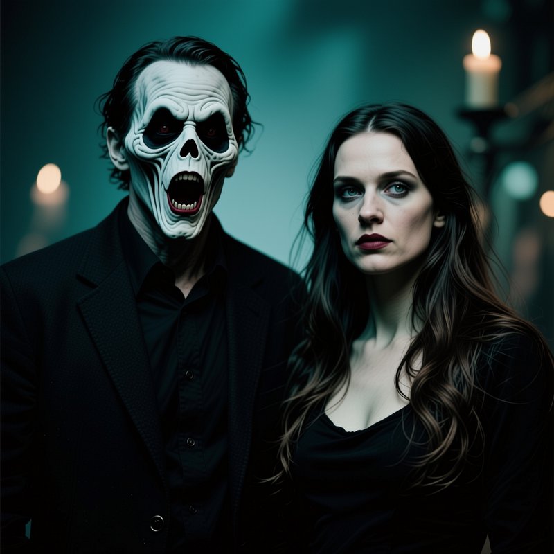 Man wearing a screaming skull mask stands beside a solemn pale woman in a dim candlelit gothic room
