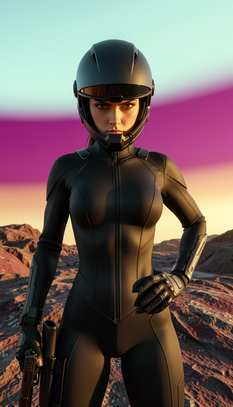 Stern female sci-fi operative in black tactical suit holds a pistol on a rocky alien desert world