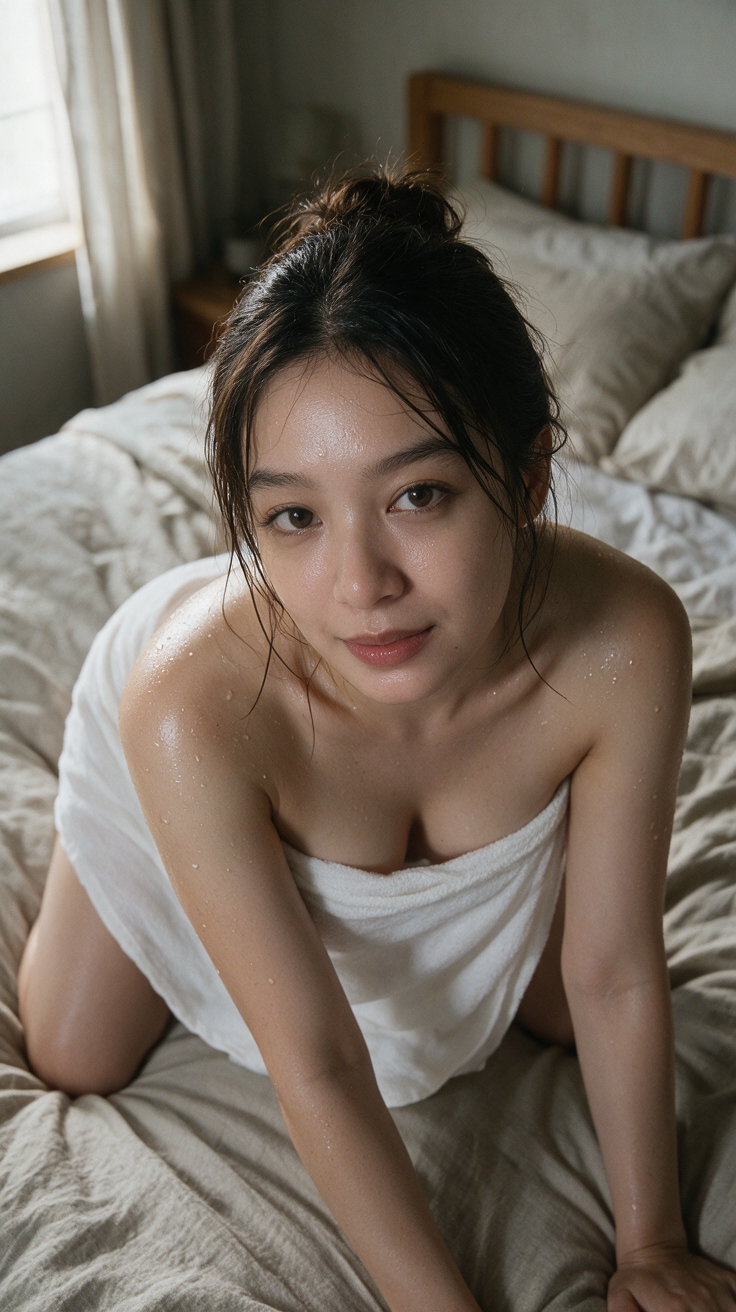 Young woman wrapped in a white towel, damp post-shower skin, kneels on a sunlit linen bed looking at the camera