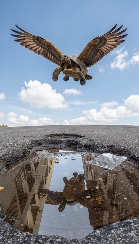 Winged flying tortoise hovers above a reflective pothole puddle on an asphalt road