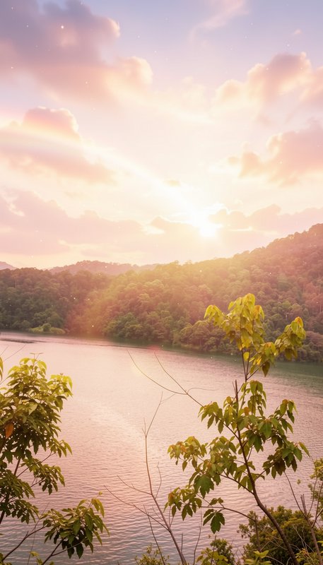 Pastel golden hour sunset over a calm forested mountain lake framed by leafy foreground branches