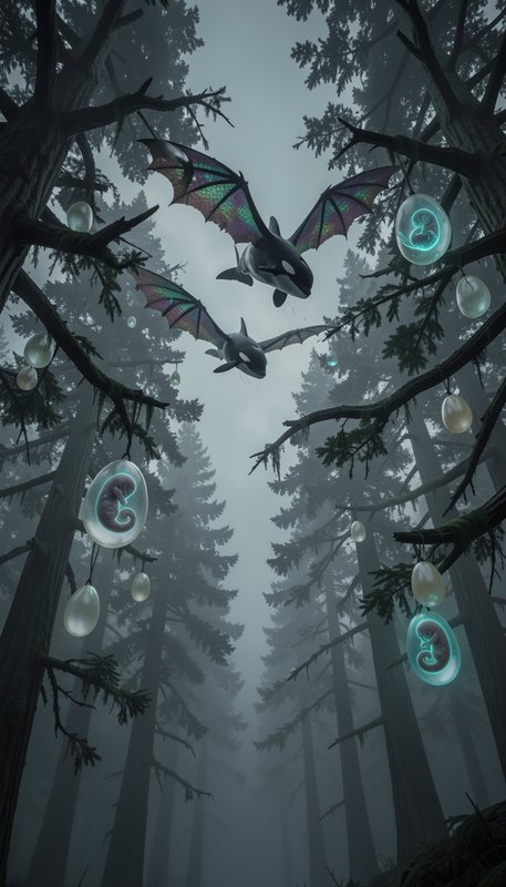 Winged orca hybrid creatures fly between glowing hanging egg pods in a misty foggy pine forest