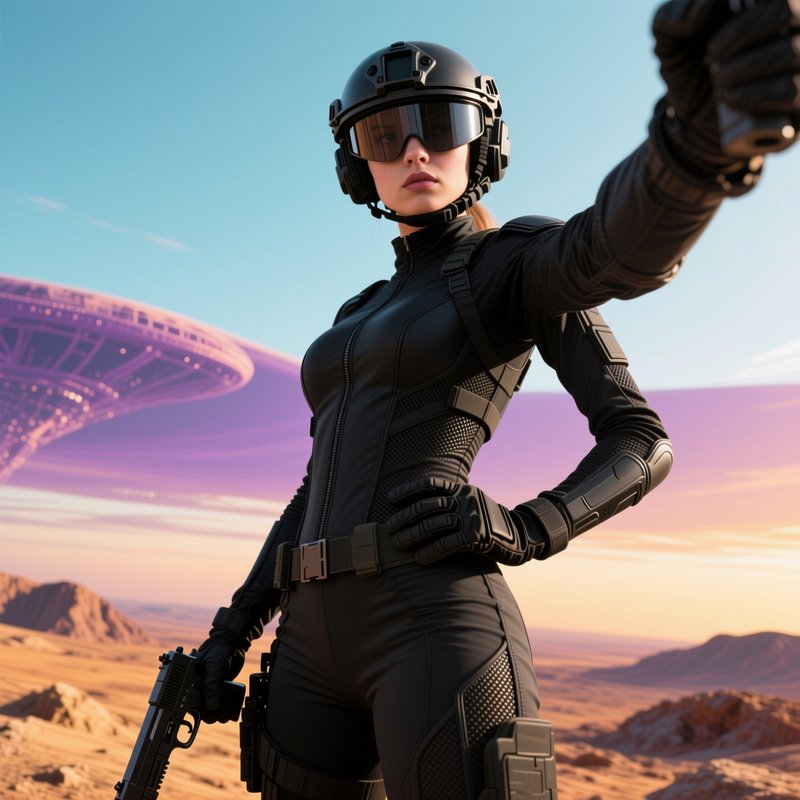 Futuristic female tactical soldier holds handguns in a desert as a UFO hovers at sunset