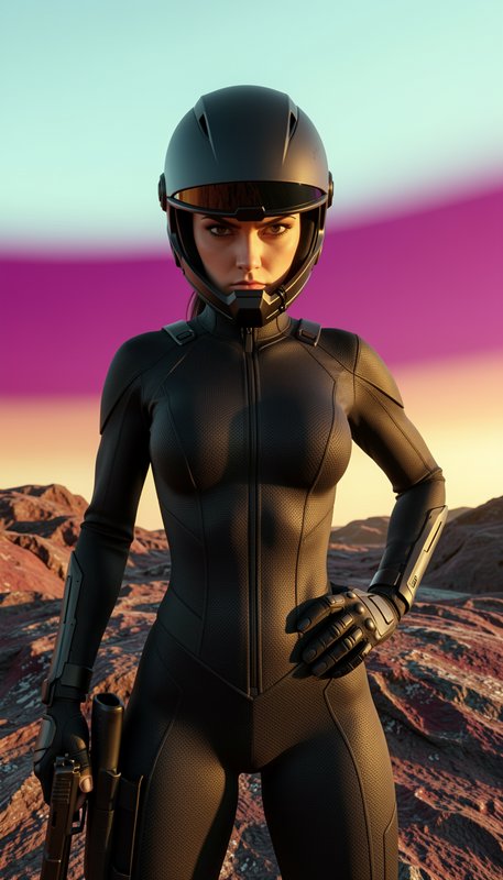 Stern female sci-fi operative in black tactical suit holds a pistol on a rocky alien desert world
