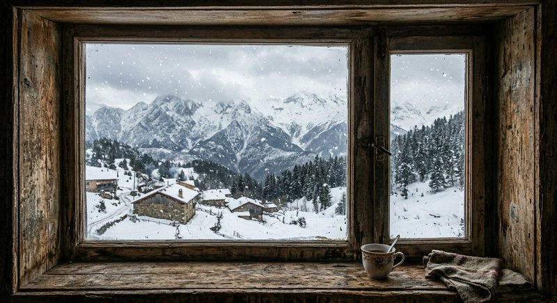 View from weathered wooden cabin window of falling snow over a snowy alpine village and mountain ...