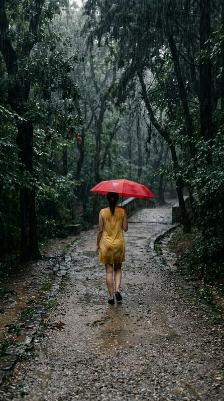 Woman holding a bright red umbrella walks down a rainy forest path in a yellow dress