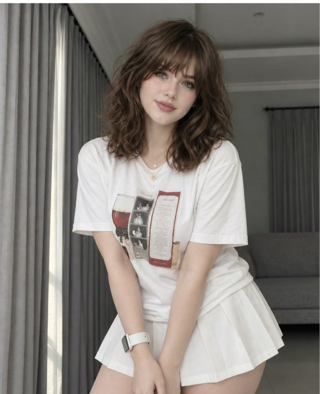Young woman with wavy brown hair poses softly in casual white loungewear in a bright minimalist l...