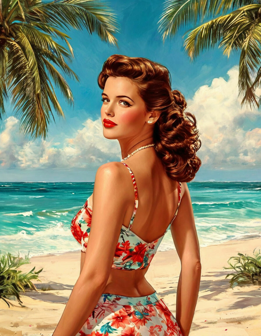 Glamorous 1950s pinup woman in floral beachwear stands on a sunlit tropical palm-lined shore