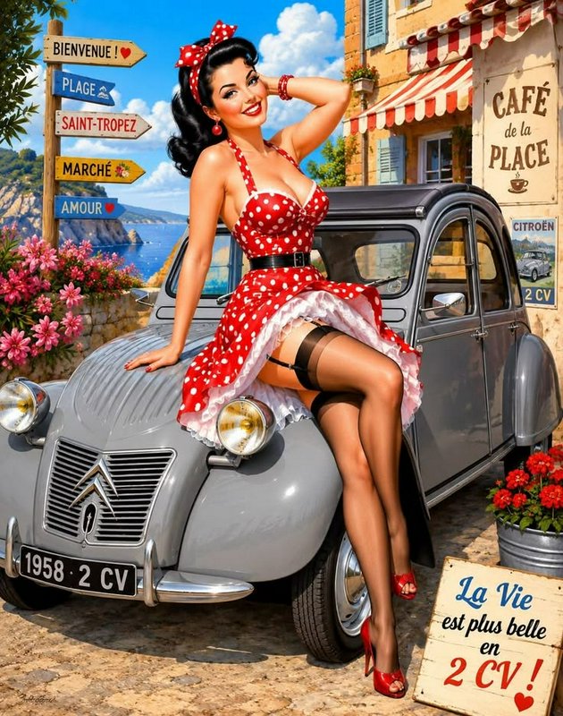 Retro pinup woman in a red polka dot dress perched on a vintage Citroen 2CV in a sunny French coa...