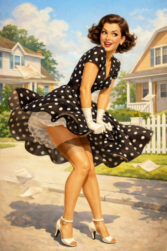 Retro pinup woman holding her wind-blown polka dot dress while standing on a sunny suburban street