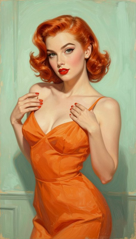Vintage pin-up portrait of a red-haired woman in an orange dress against a pale mint wall